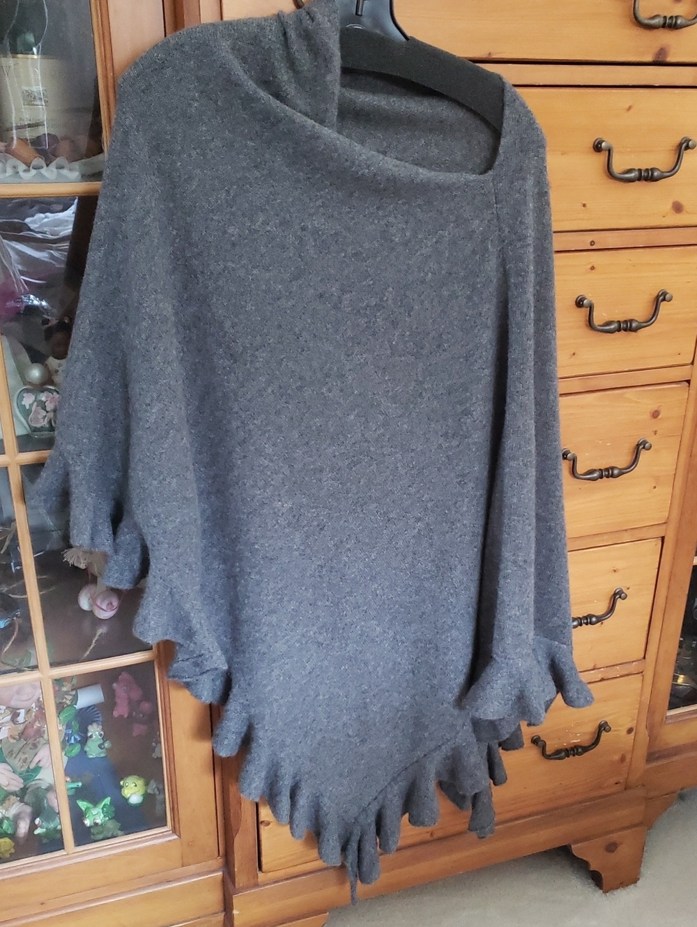 Hannah Rose Charcoal cashmere Poncho with Ruffle Edge.